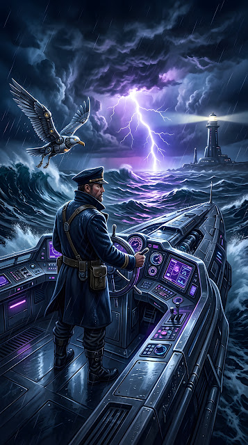 Surreal Retro-Futuristic Seascape with Sailor - Free mobile Wallpaper