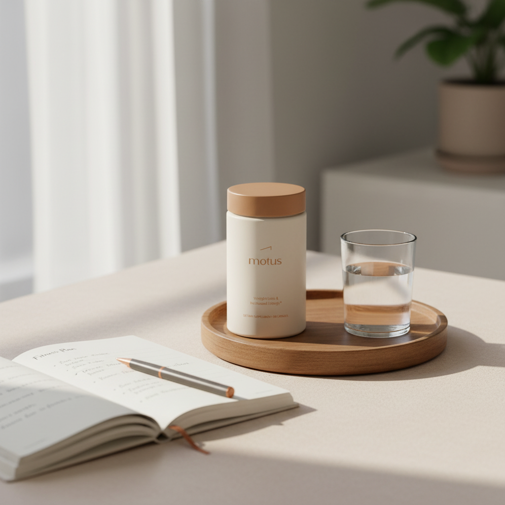 Close-up morning routine with Motus supplement jar on a small wooden tray beside a glass of water and a fitness journal in minimalist Tonum style — do fat burners work
