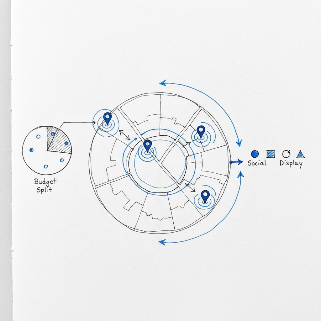 Close-up sketch of a local service-area map with pins, zip-code outlines, radius targeting arrows and bid adjustments for google ads, notebook paper texture, blue accents