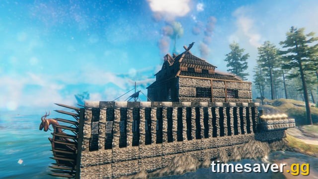 A completed Valheim stone base with a longship docked at its harbor, a world that carries over into 1.0