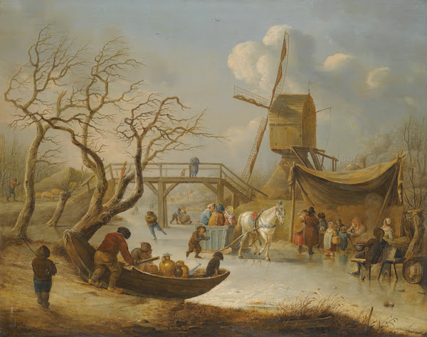 A Winter Landscape With Skating Figures And A Horse Drawn Sleigh Near A Wind Mil