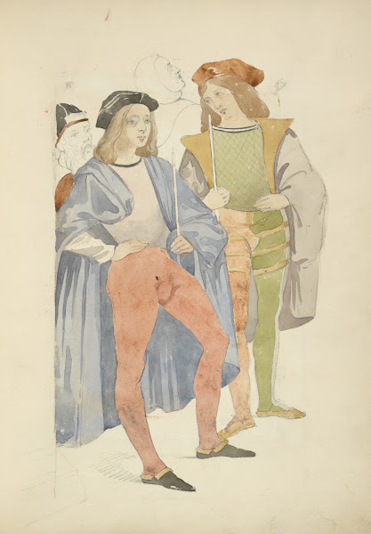Two young men wearing hats cloaks and tights carrying thin staffs or swords two