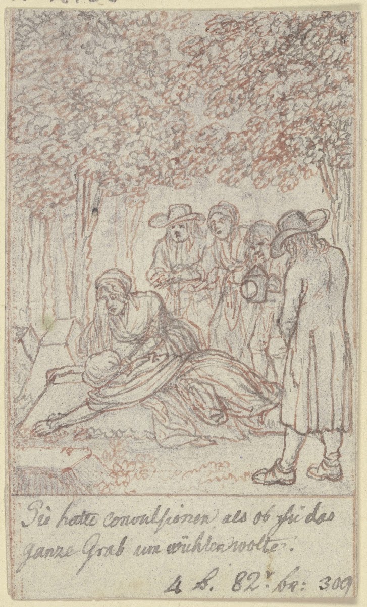 Eine Frau hat sich über einen Grabhügel geworfen ca 1787