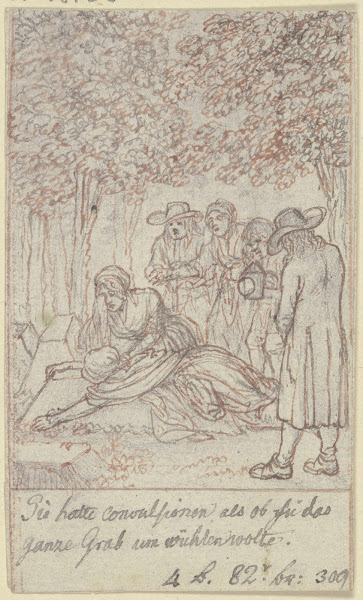 Eine Frau hat sich über einen Grabhügel geworfen ca 1787