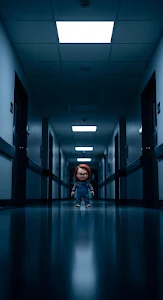 Chucky Doll in Creepy Hospital Hallway Low Angle