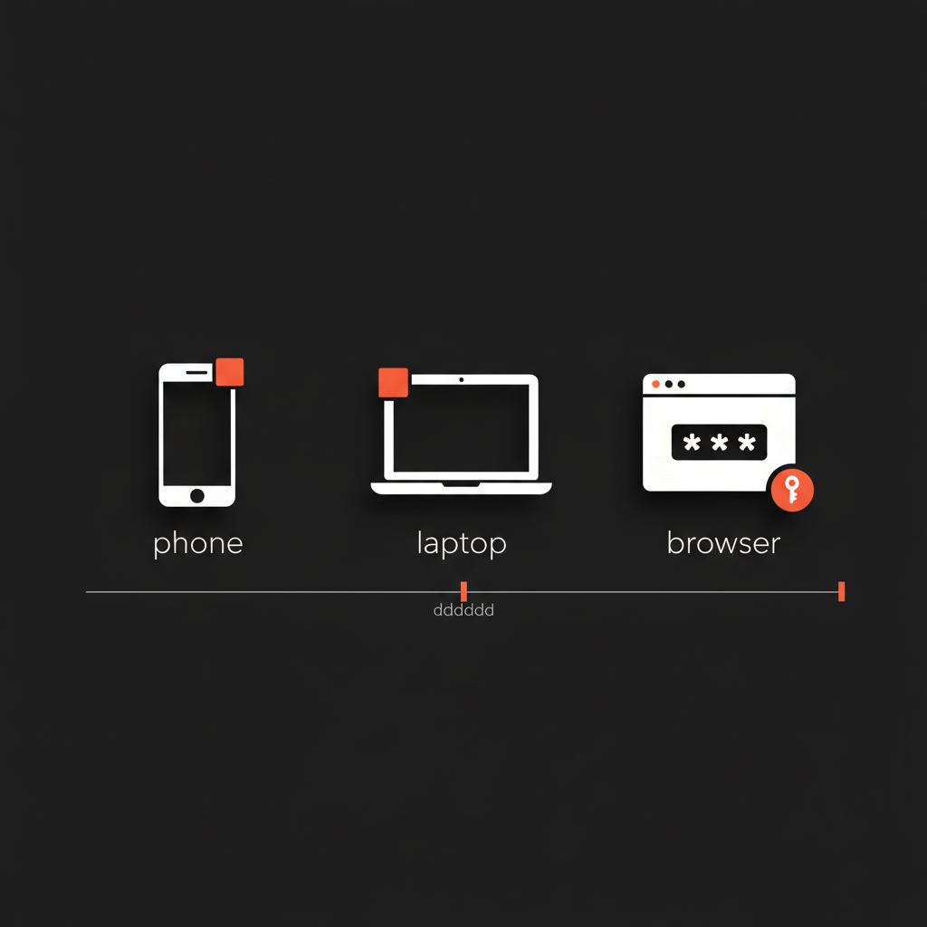Minimal vector infographic showing local checks for account recovery: phone, laptop and browser saved-password icon on black background, emphasizing recover password.