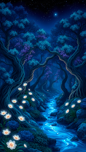 Glowing Flowers in Mystical Blue Forest Stream at Night