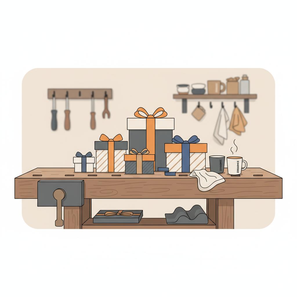 2D-Vektor-Stillleben: Geschenke auf Holzwerkbank mit Metalldetails, Bänder in Steelmonks-Farben, warme intime Stimmung im minimalistischen Stil – was bringt man zu einer verabschiedung mit?
