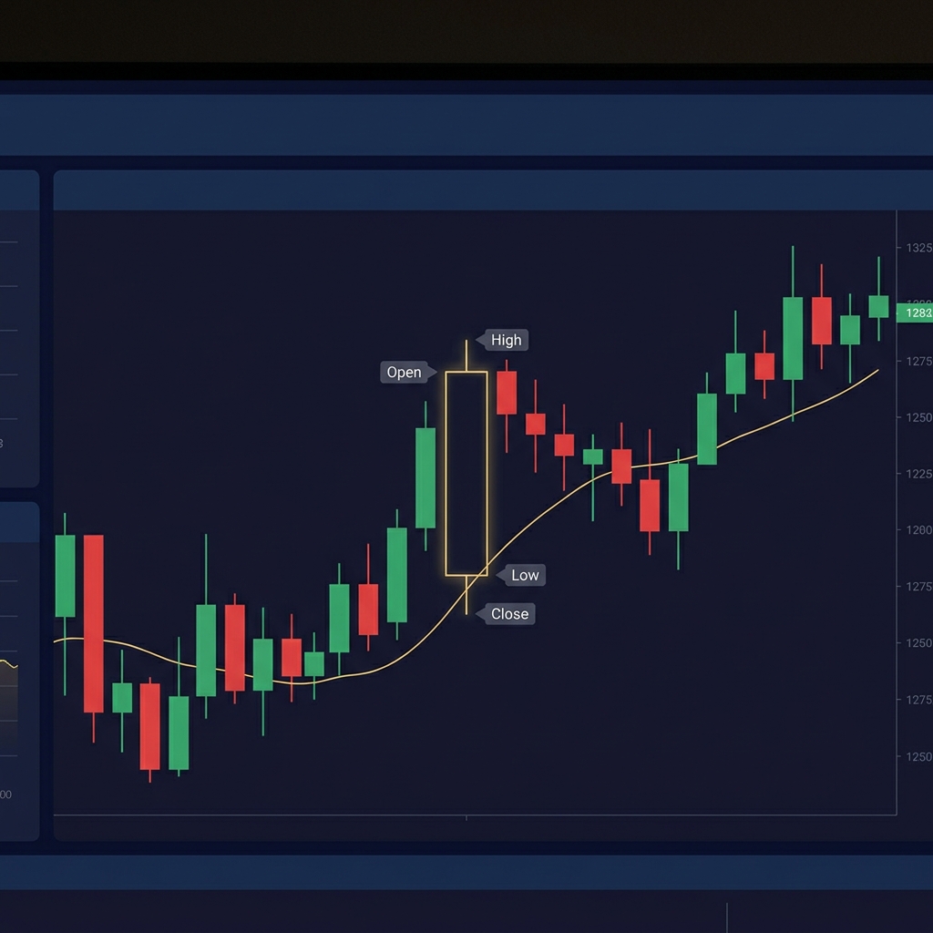 Close up candlestick chart on a dark Funded Plays style trading dashboard with labeled candle elements open high low close and a moving average overlay How to Navigate the FundedPlays Trading Dashboard