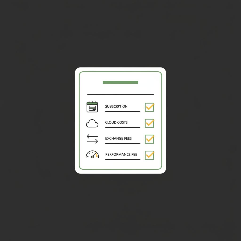 Minimalist 2D vector checklist on paper with icons for subscription cloud exchange and performance fees on dark Finance Police branded background ai crypto trading
