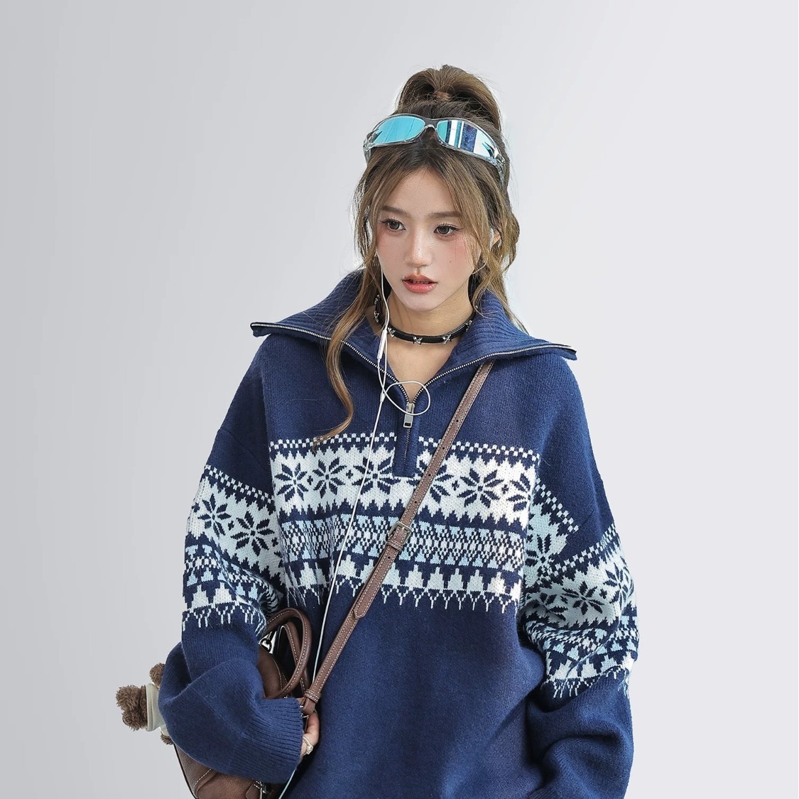 Damen-Strickpullover mit Reißverschluss und Kragen