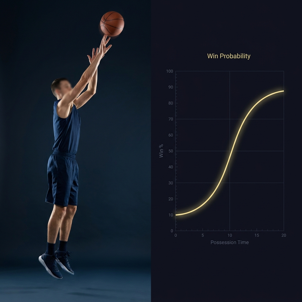 How Three-Point Variance Changes NBA Outcomes split image of anonymous player shooting a three and a Monte Carlo win probability curve on a dark Funded Plays branded background