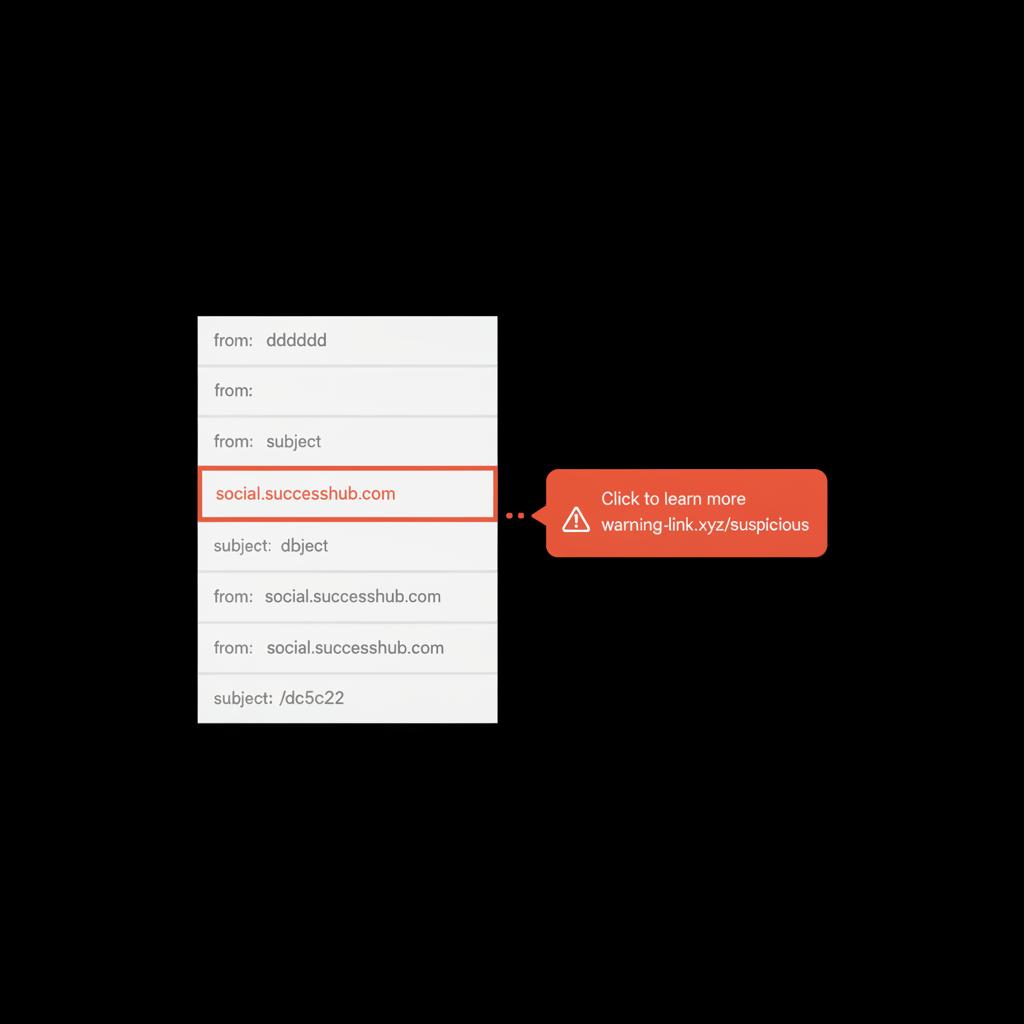 Minimal vector infographic of an inbox preview on black background with a highlighted sender domain and a hover-preview bubble showing a fake link, illustrating is microsoft recovery email legit.