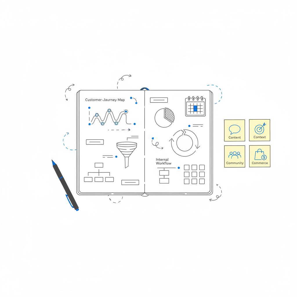 Minimal 2D vector flat-lay of a sketched notebook with workflows, pen, four icon sticky notes for content, context, community, commerce and a small calendar for 4 C's of event marketing