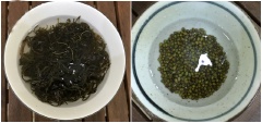 Đậu xanh cho vào thau nước ngâm nở mềm, vo sạch, vớt ra cho ráo. Phổ tai cũng ngâm nở, rửa sạch, để ráo rồi cắt nhỏ vừa ăn. Hạt sen rửa sạch rồi cho vào nồi, chế thêm nước vào, đặt lên bếp nấu đến khi sôi thì hạ nhỏ lửa, ninh hạt sen khoảng 10 phút rồi tắt bếp, vớt ra cho ráo nước. Củ năng gọt vỏ rửa sạch, cắt miếng nhỏ.