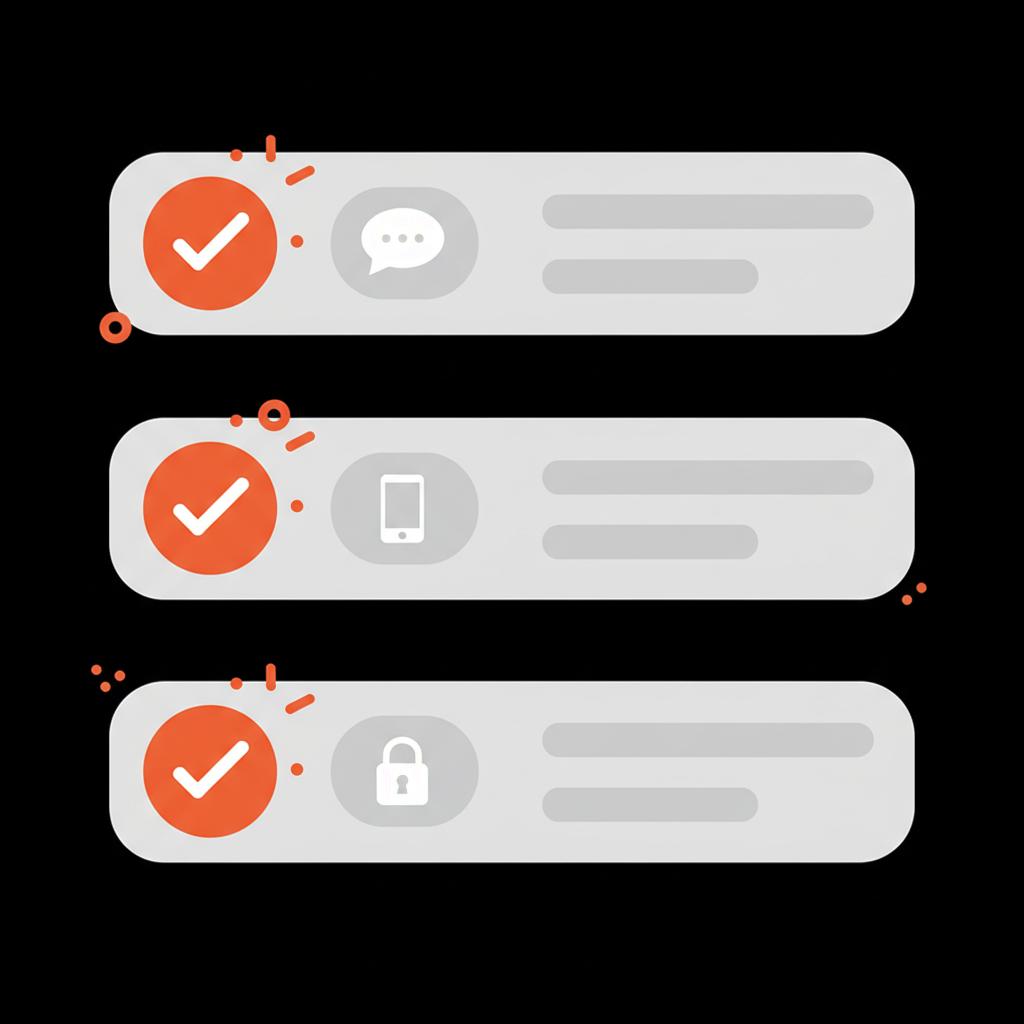 Minimal 2D vector checklist infographic with speech bubble, phone, and lock icons on black background with gray panels and orange accents — unique usernames