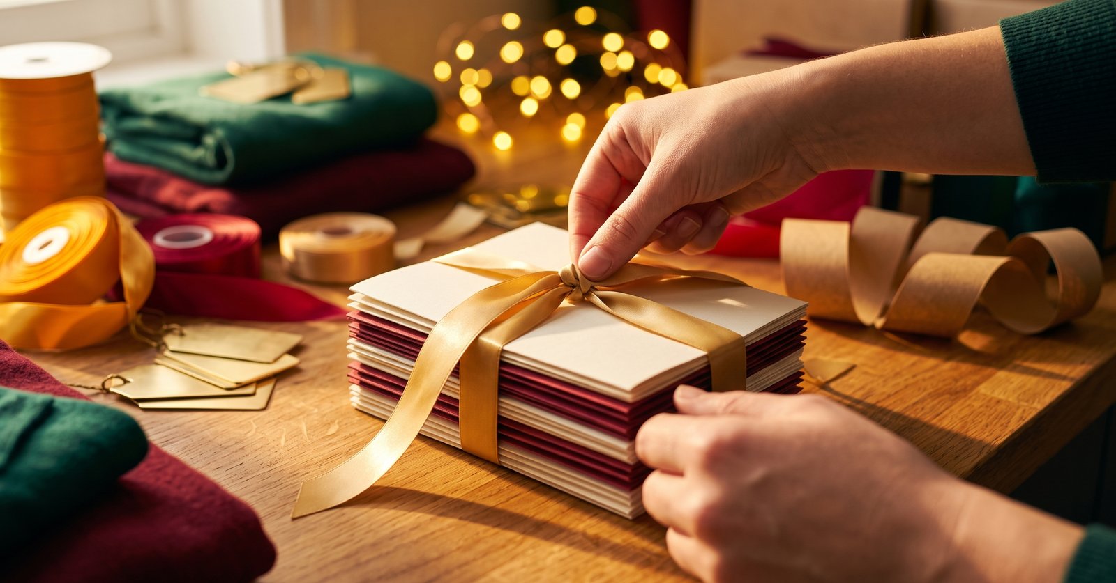 Hands tying gold ribbon around a stack of festive cards on a warm wooden counter