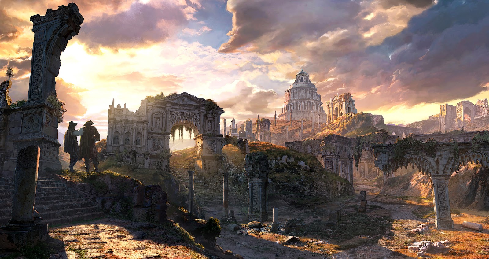 Gameplay screenshot of Greedfall 2: The Dying World showing characters in 18th-century inspired attire within a fantasy city.