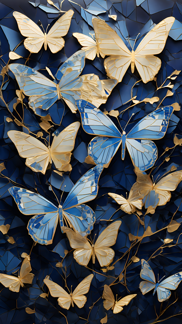 Golden and Blue Butterflies on Dark Geometric Background