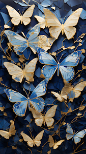 Golden and Blue Butterflies on Dark Geometric Background