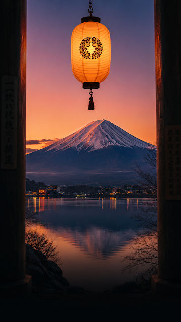 Mount Fuji Framed by Traditional Japanese Window and Glowing Lantern - Free mobile Wallpaper