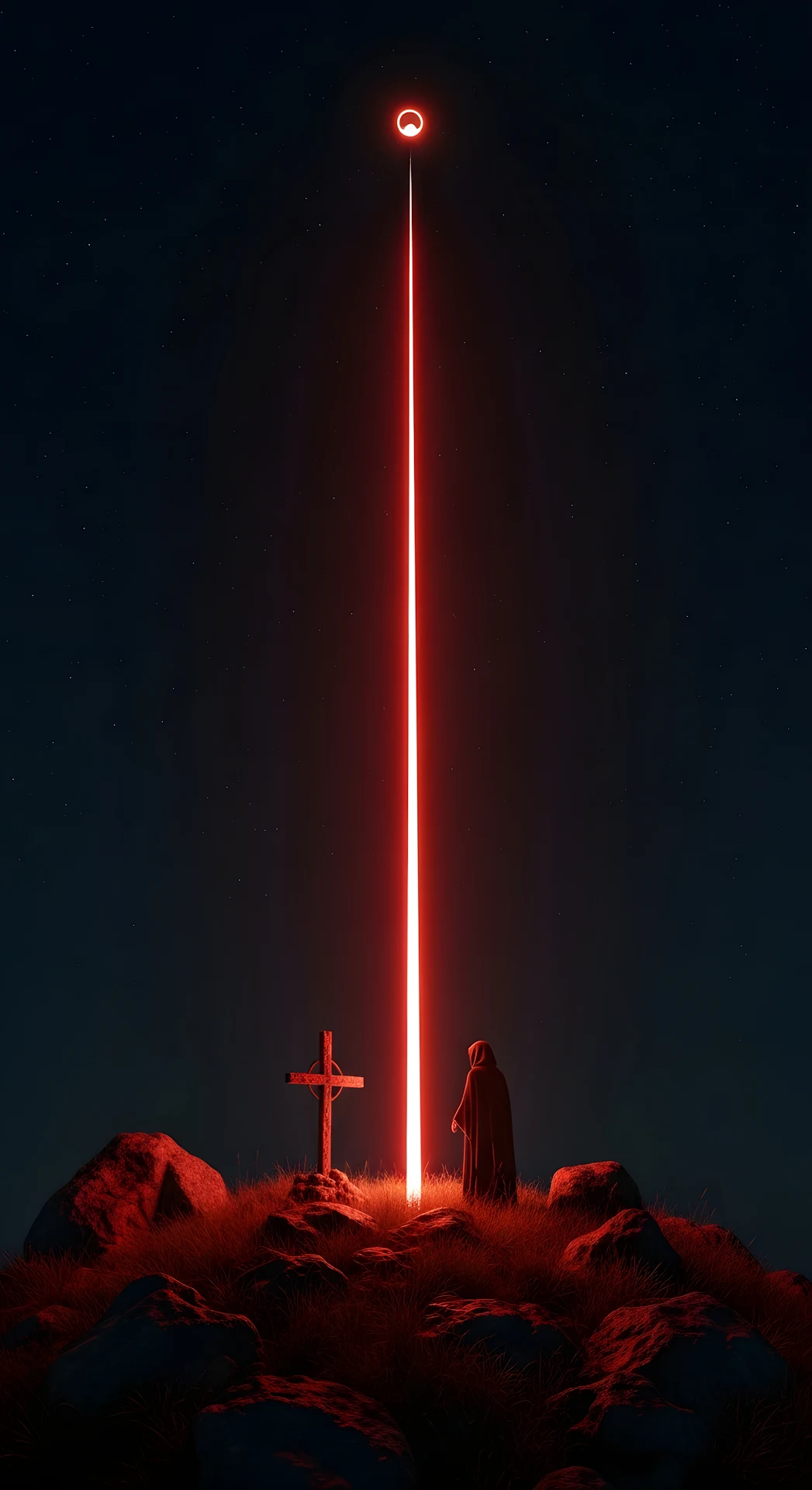 Dark Figure and Apocalyptic Red Light Pillar on Rocky Hill at Night - Free 4K mobile Wallpaper