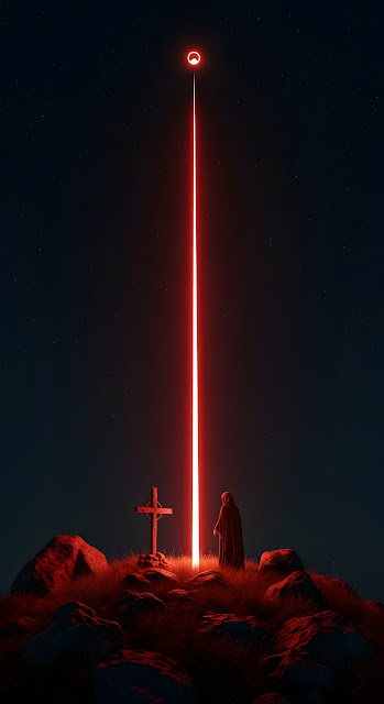 Dark Figure and Apocalyptic Red Light Pillar on Rocky Hill at Night - Free mobile Wallpaper