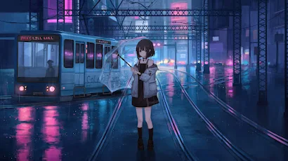 Anime Girl With Umbrella Under Neon Lights Tram Passing By 4K Wallpaper Background