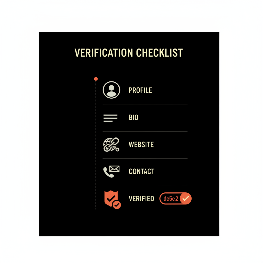 Minimal vector checklist infographic showing how to get verified on Twitter: profile photo, bio, website, phone/email, subscription status in Social Success Hub brand colors.