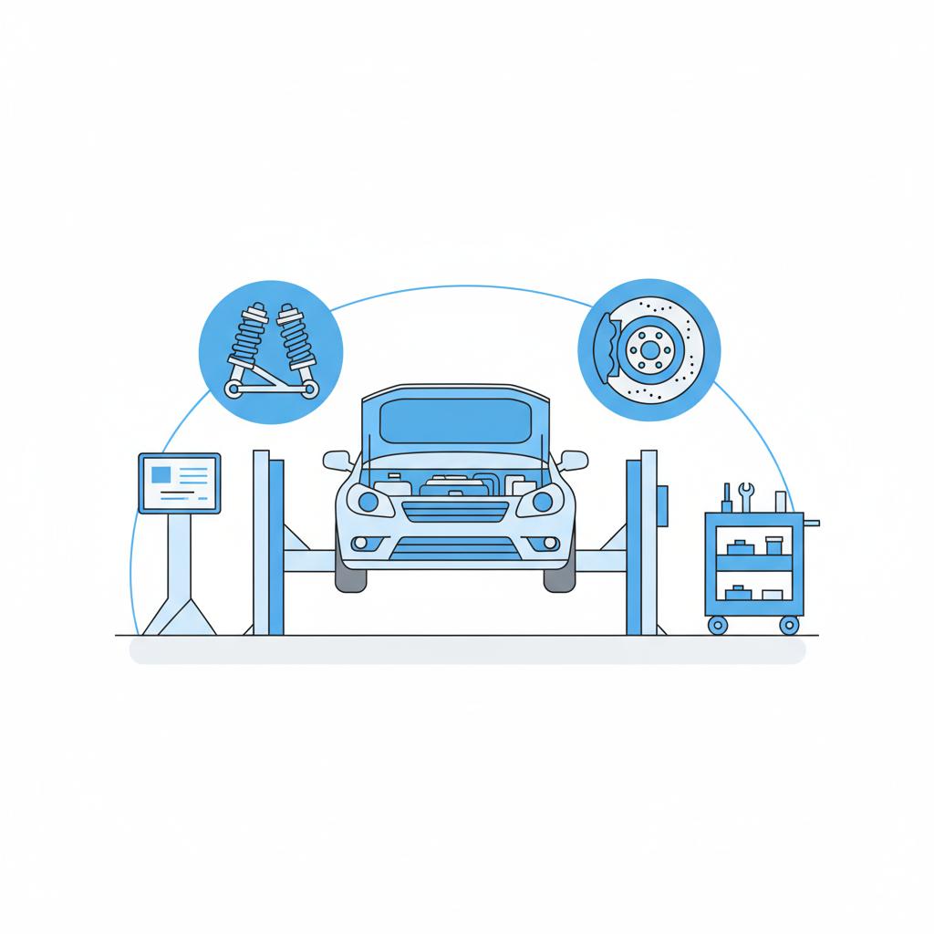 Minimalist vector illustration of a compact sedan on a lift with exposed suspension and engine area highlighted in blue accents no people ideal for honda civic used car for sale