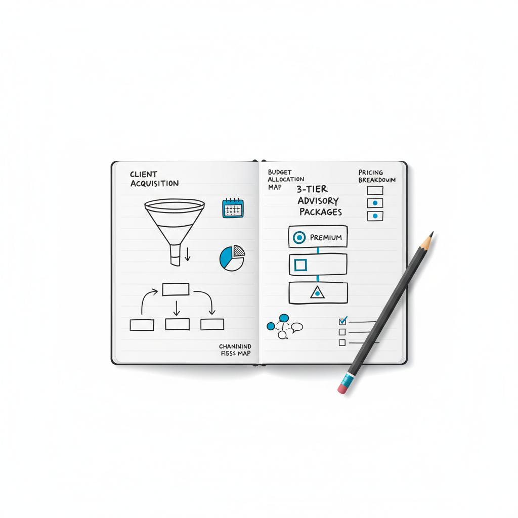 Minimal 2D vector flatlay of a notebook with a sketched 3-tier advisory package, faint financial ledger and pencil in brand colors &mdash; how do i market myself as a cpa