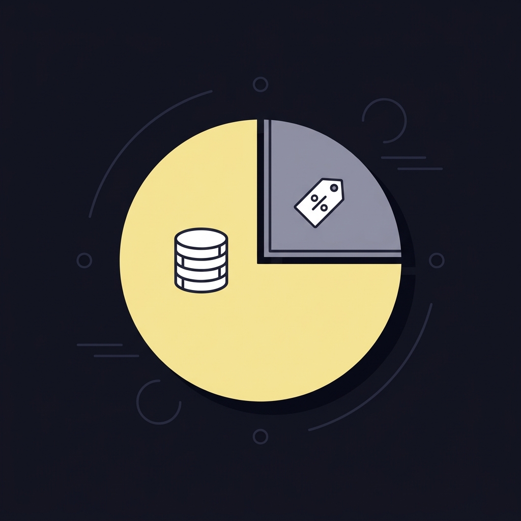 Minimalist 2D vector of a pooled prize pot split into takeout and dividend slices with coin stack and percentage tag icons perfect for payout calculator horse racing