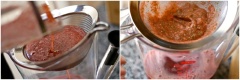 Lọc hỗn hợp qua rây rồi bắc lên bếp cùng với rượu vodka, bột gelatine, mật ong, nước cốt chanh, nấu cho đến khi sôi. Tắt bếp, rót vào phần vỏ dưa hấu và đợi đông. Đặt rau câu trong tủ lạnh khoảng 3 giờ cho đông lại hoàn toàn.