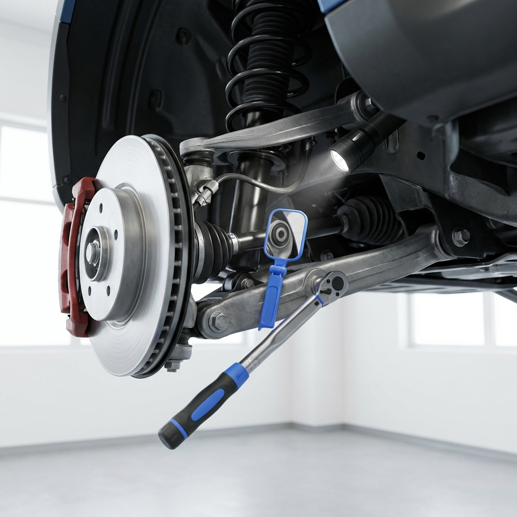 Close up pre purchase car inspection showing suspension and brake components with tools and a subtle 3666ed accent for most reliable used cars