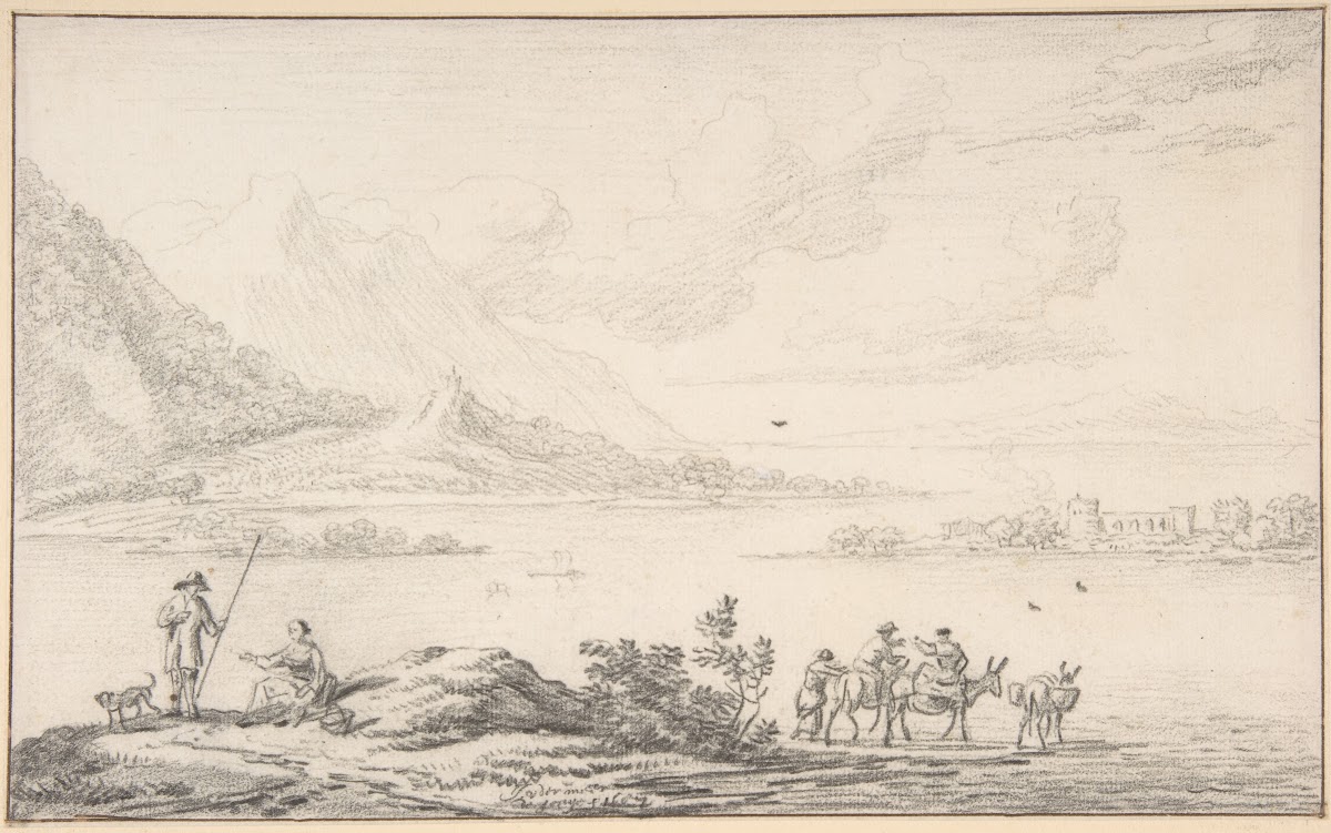 Landscape with mountains and a lake figures in the foreground 1687