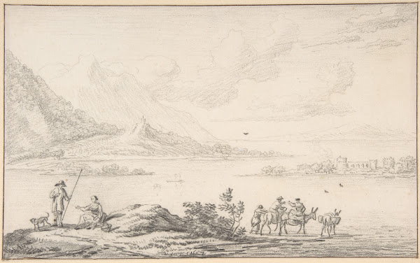 Landscape with mountains and a lake figures in the foreground 1687