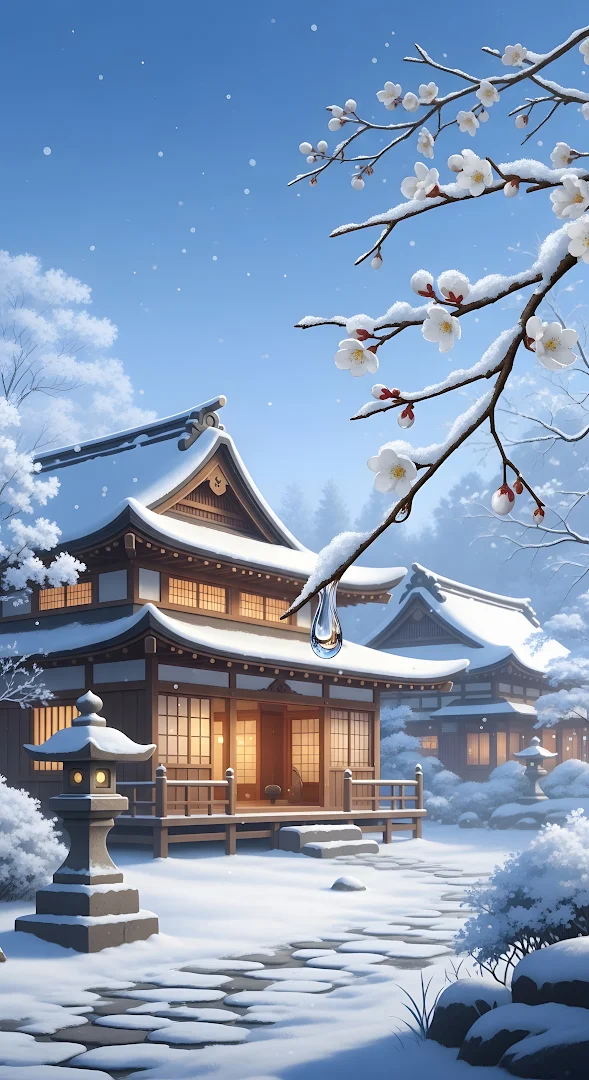 Snowy Japanese Temple with Plum Blossoms and Melting Ice