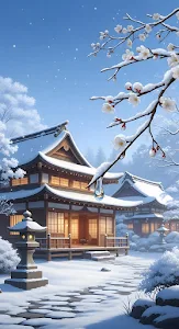 Snowy Japanese Temple with Plum Blossoms and Melting Ice