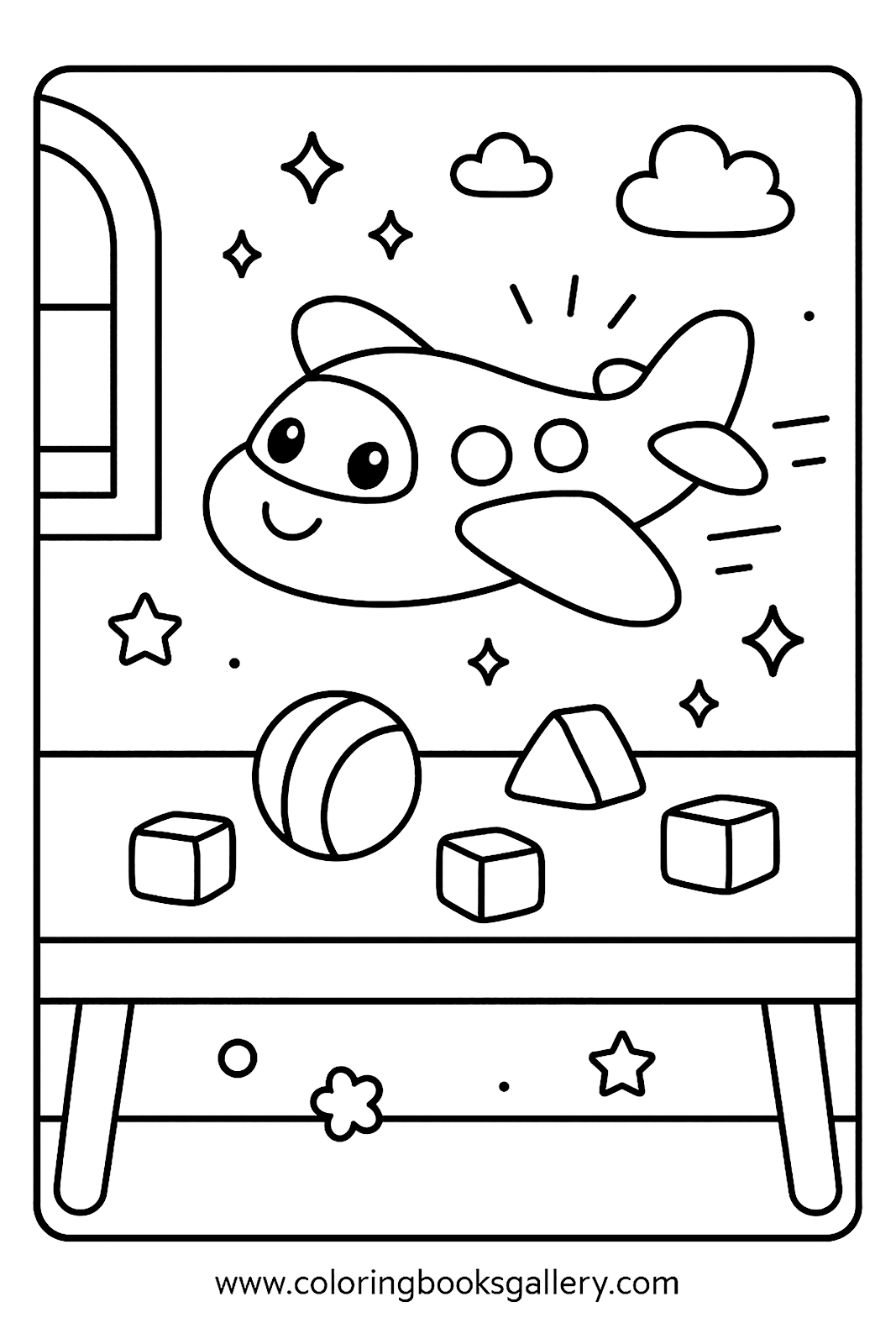 Toy Airplane Flying Above a Table – Free Printable Coloring Sheet for Kids and Adults – free coloring page for kids