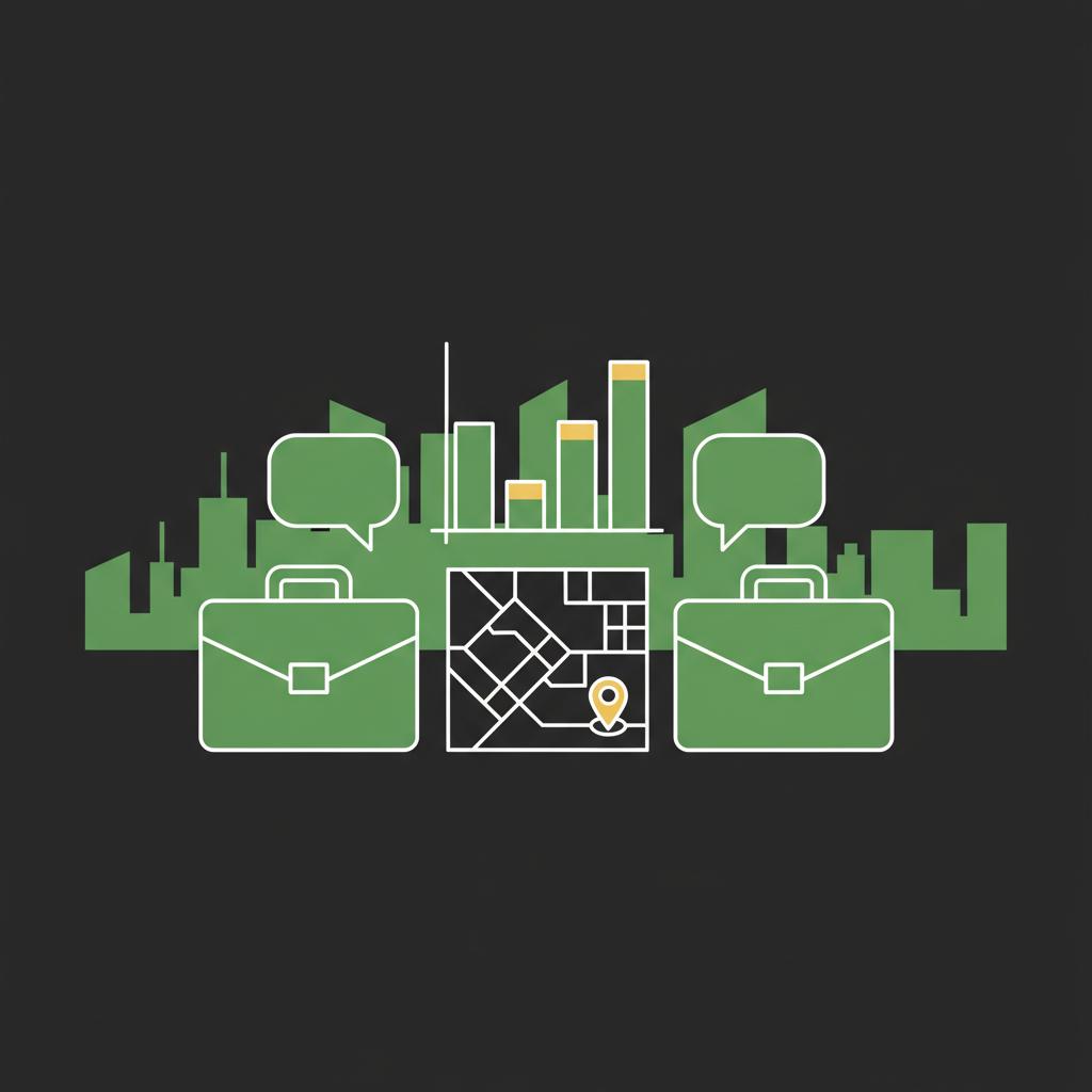 Minimal 2D vector of two briefcase icons conversing in front of a city skyline with comparative bar charts and a location pin representing market differences and regional earnings how do you get started in real estate