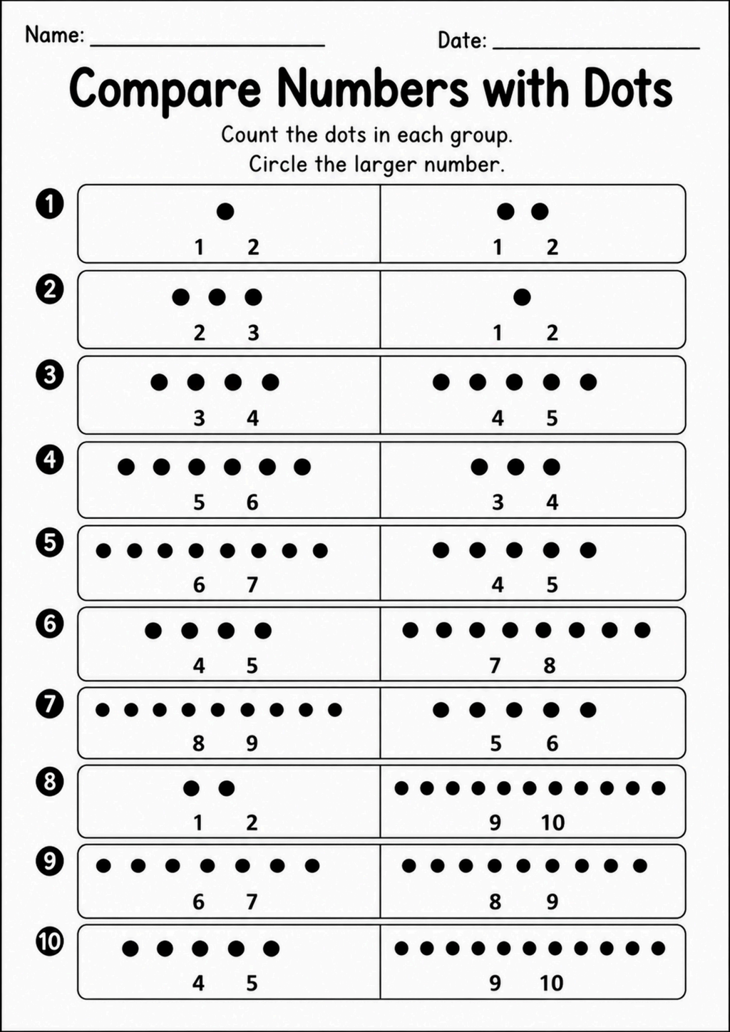 Compare Numbers with Dots Worksheet