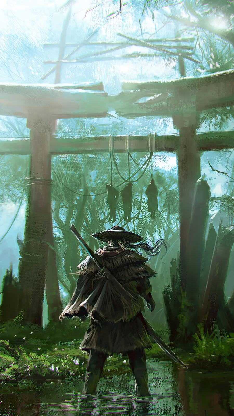 Ronin Warrior Under Torii Gate - Fantasy Concept Art 4K iPhone Wallpaper (2160x3840)