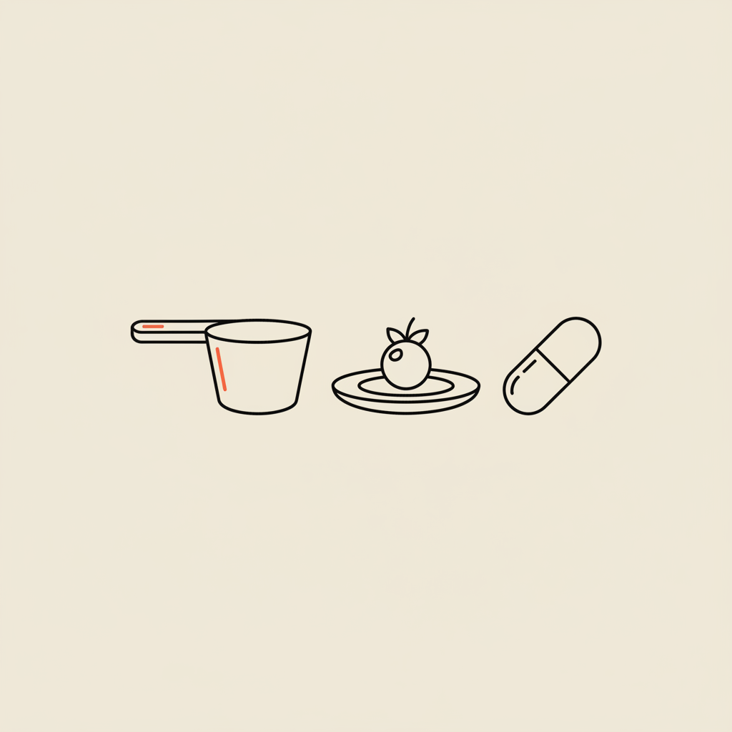 Minimal Tonum-style line illustration of a protein scoop, a small plate with a single berry, and a supplement capsule on a beige background — protein shakes for belly fat loss