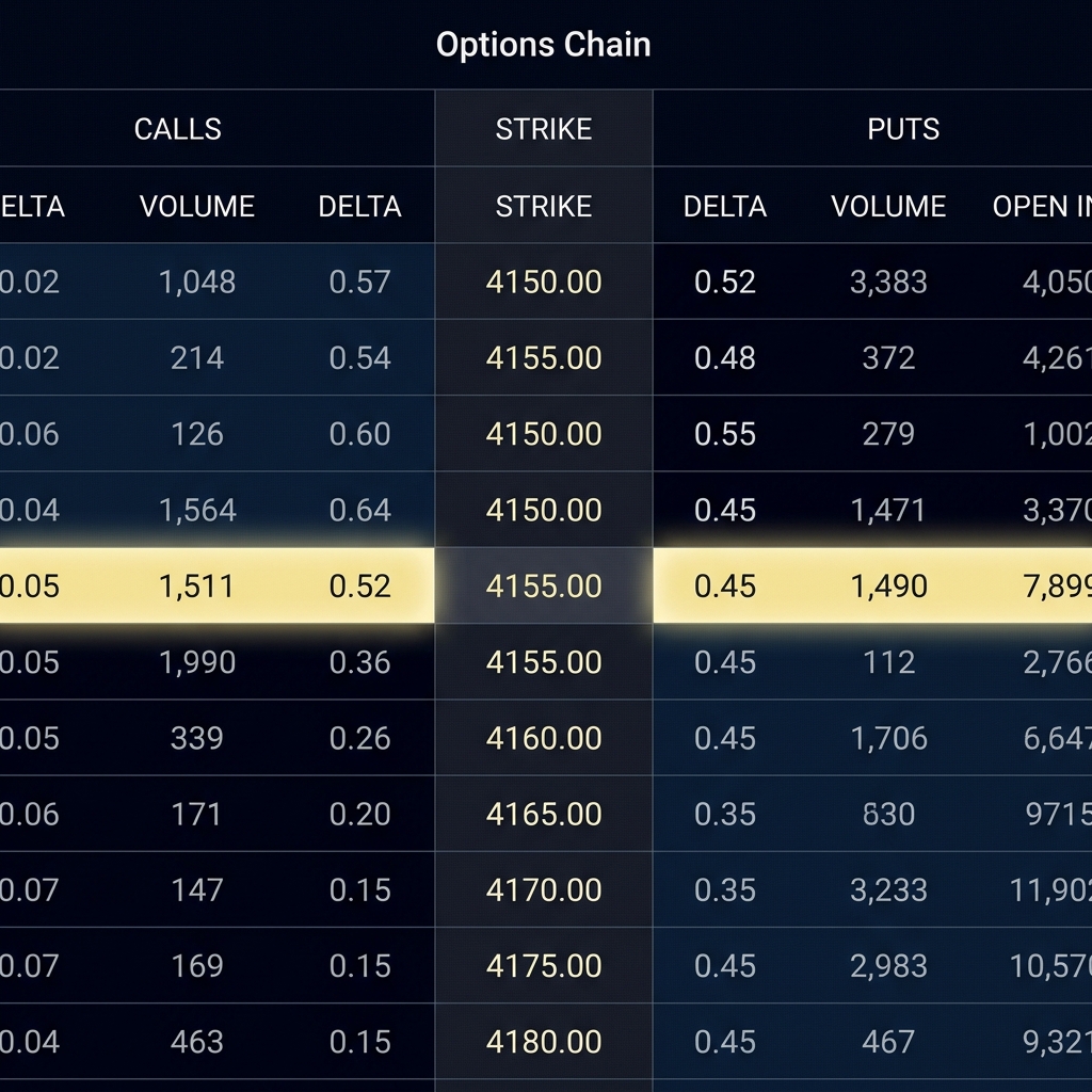 Understanding Even-Money Trades close up of an options chain on a trading screen showing at the money strikes highlighted and delta columns visible in Funded Plays brand colors
