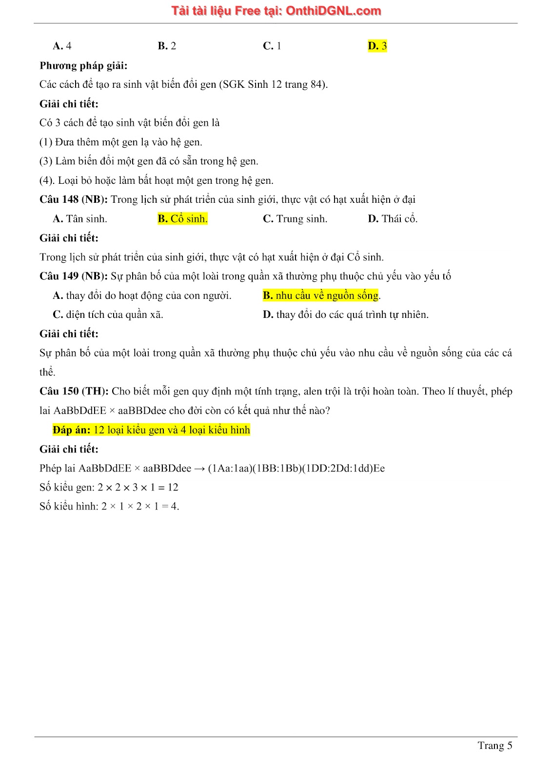 150 bài tập môn Sinh học - Ôn thi ĐGNL ĐHQG HN Phần 15