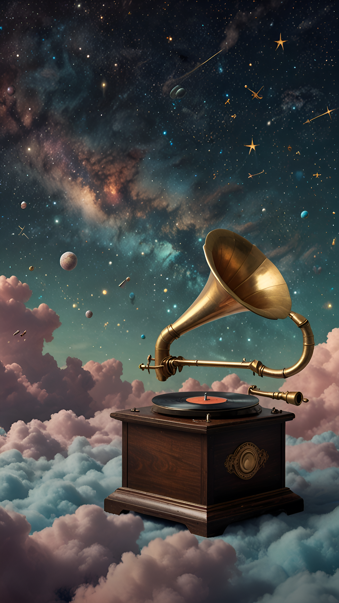 Surreal Gramophone Floating on Clouds Under Cosmic Night Sky - Free 4K mobile Wallpaper