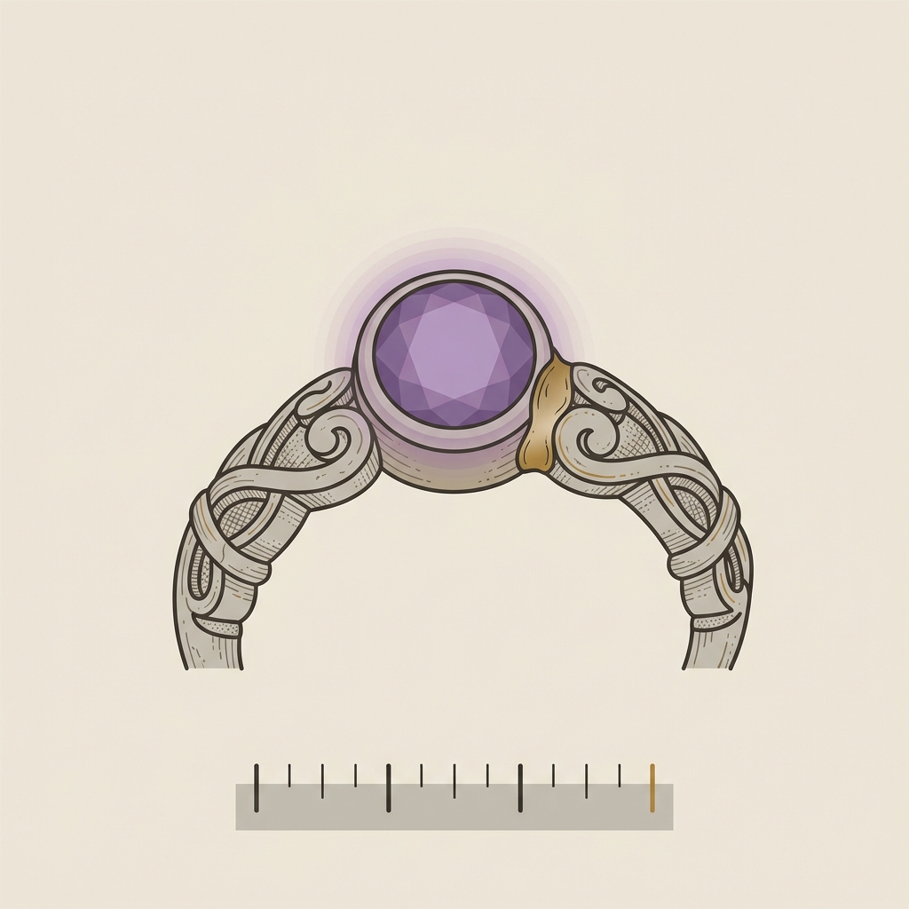 Minimal 2D vector close up of an ancient amethyst ring shank and solder join showing patina depth and tool marks with a small ruler for scale on a warm beige background