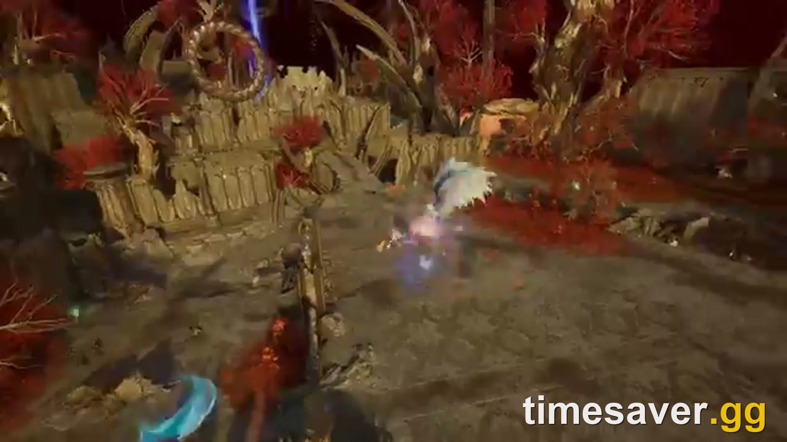 An AION 2 mage casting a spell amid red-forest ruins in Atreia
