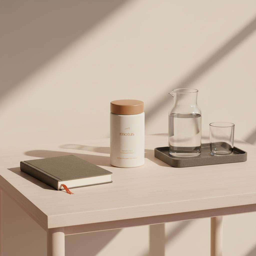 Minimalist bedside table with Tonum Motus supplement bottle beside a glass carafe and folded journal on a #F2E5D5 background, evoking a calm morning routine and weight loss; what weight loss drug has the highest success rate?