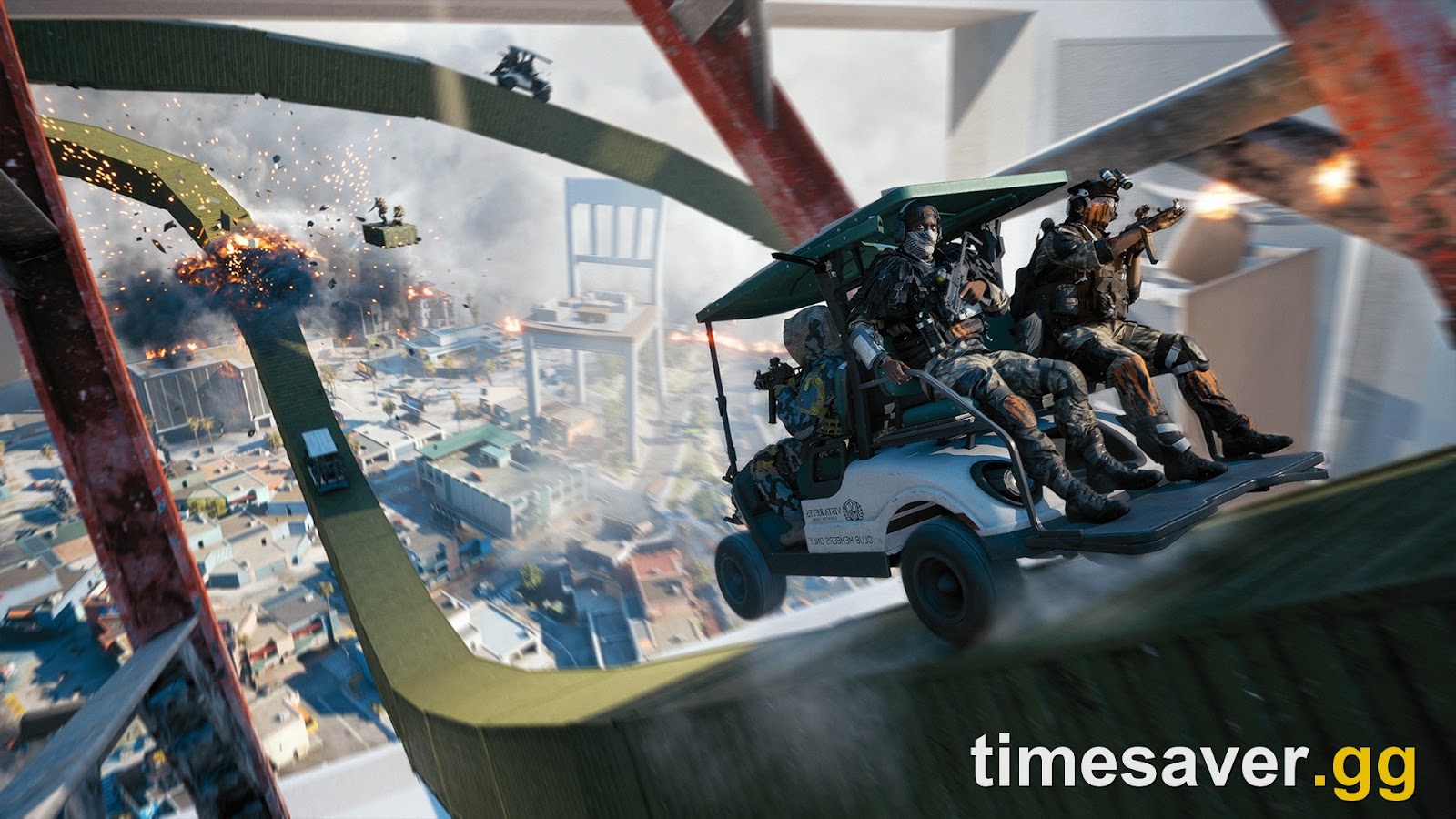 Battlefield REDSEC Portal screenshot of a squad riding a golf cart off the top of a rollercoaster track above a burning city